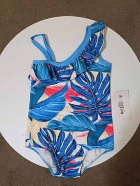 Amzbarley Girls' Blue Tropical One-Shoulder Ruffle Swimsuit